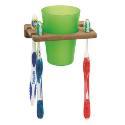 Support mural en teck pour brosses à dents et gobelet.