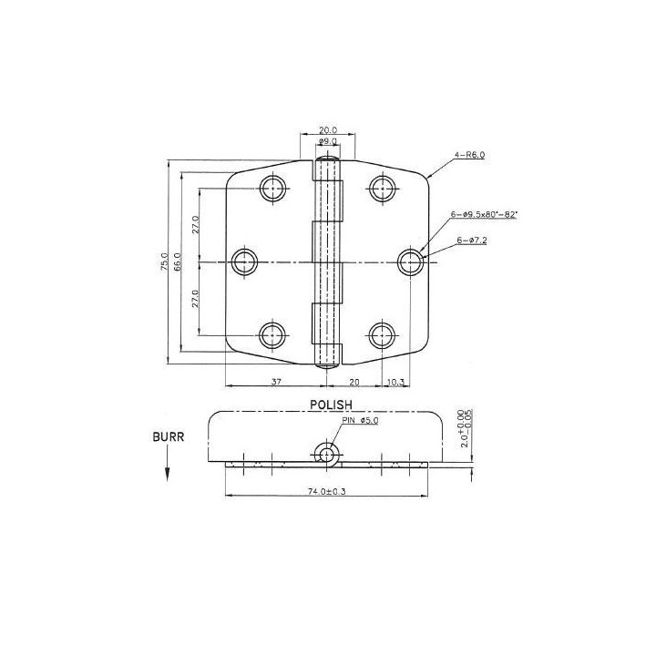 Charnière inox 2 mm noeud saillant