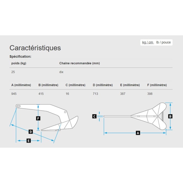 Ancre INOX DTX 25 kg / 55 lb