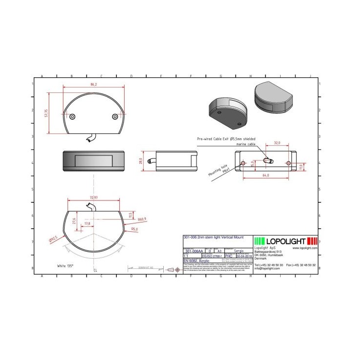 Feu de poupe 135° 2mn - montage vertical - aluminium noir (6m)
